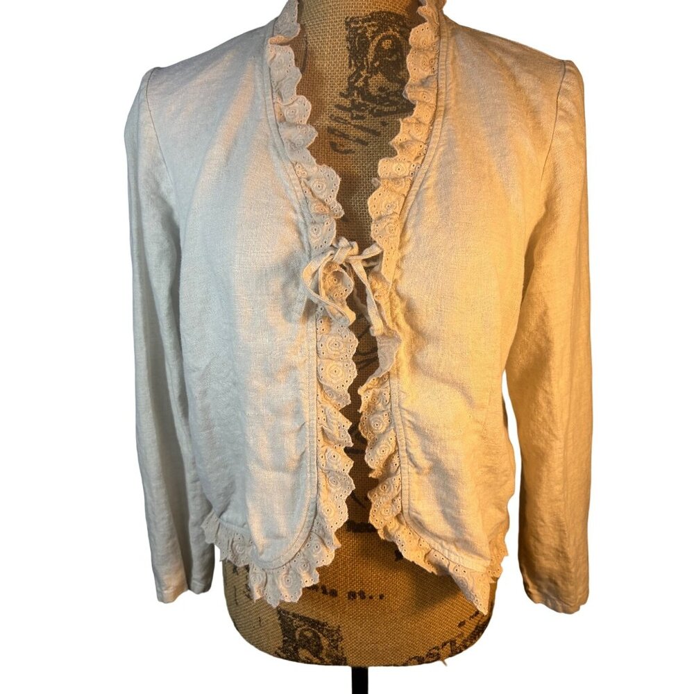 Womens Lace Ruffle Trim Tie Front Cardigan Sweater Long Sleeve Cream Size PL